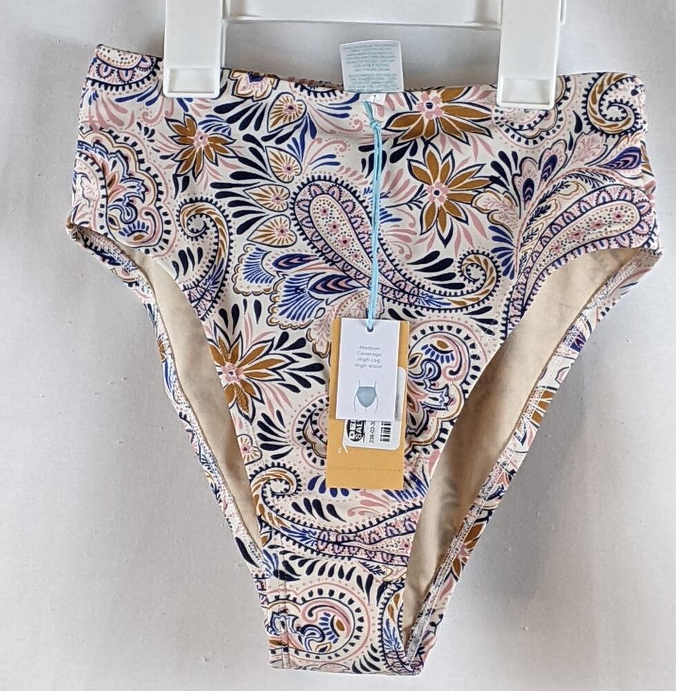 Kona Sol Bikini Bottom High Leg High Waist Paisley XS‎ White Navy Swimwear Beach